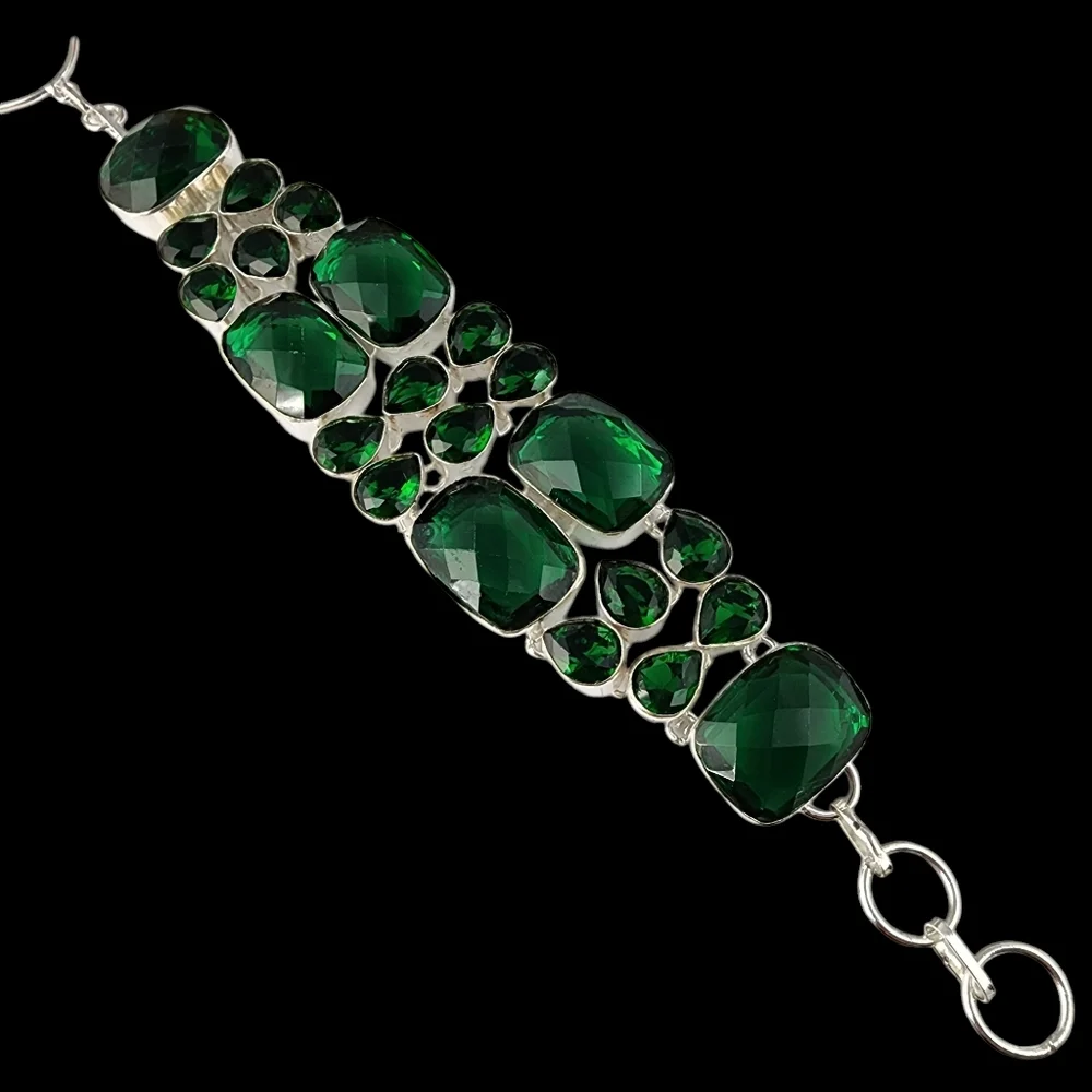Green faceted glass silver bracelet chunky statement bracelet